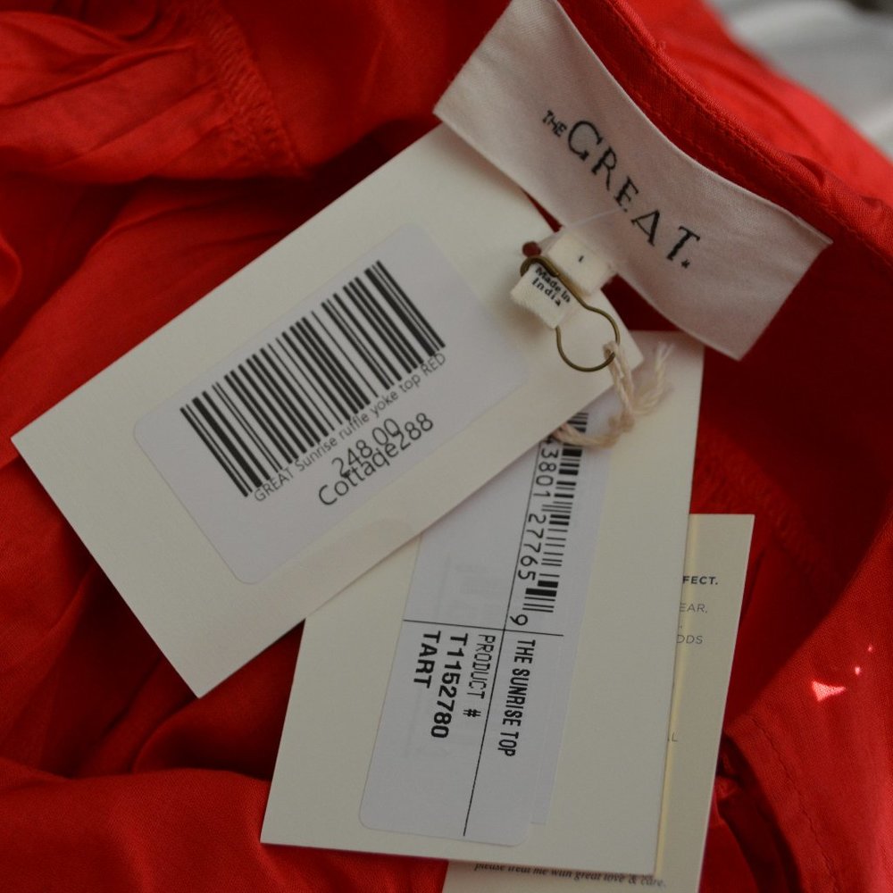 NWT $248 The Great The Sunrise Ruffled Cotton-Voile Red Short Sleeve Blouse - Picture 10 of 10